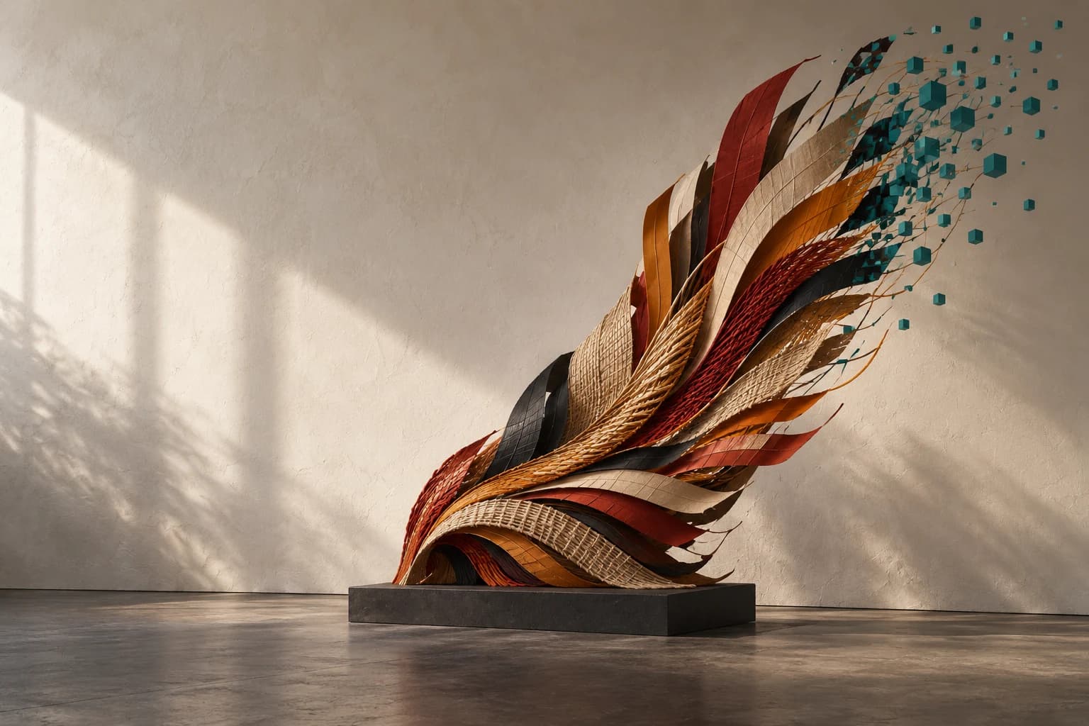 Culture Forward concept: a sculptural woven wing transforming into teal geometric pixels