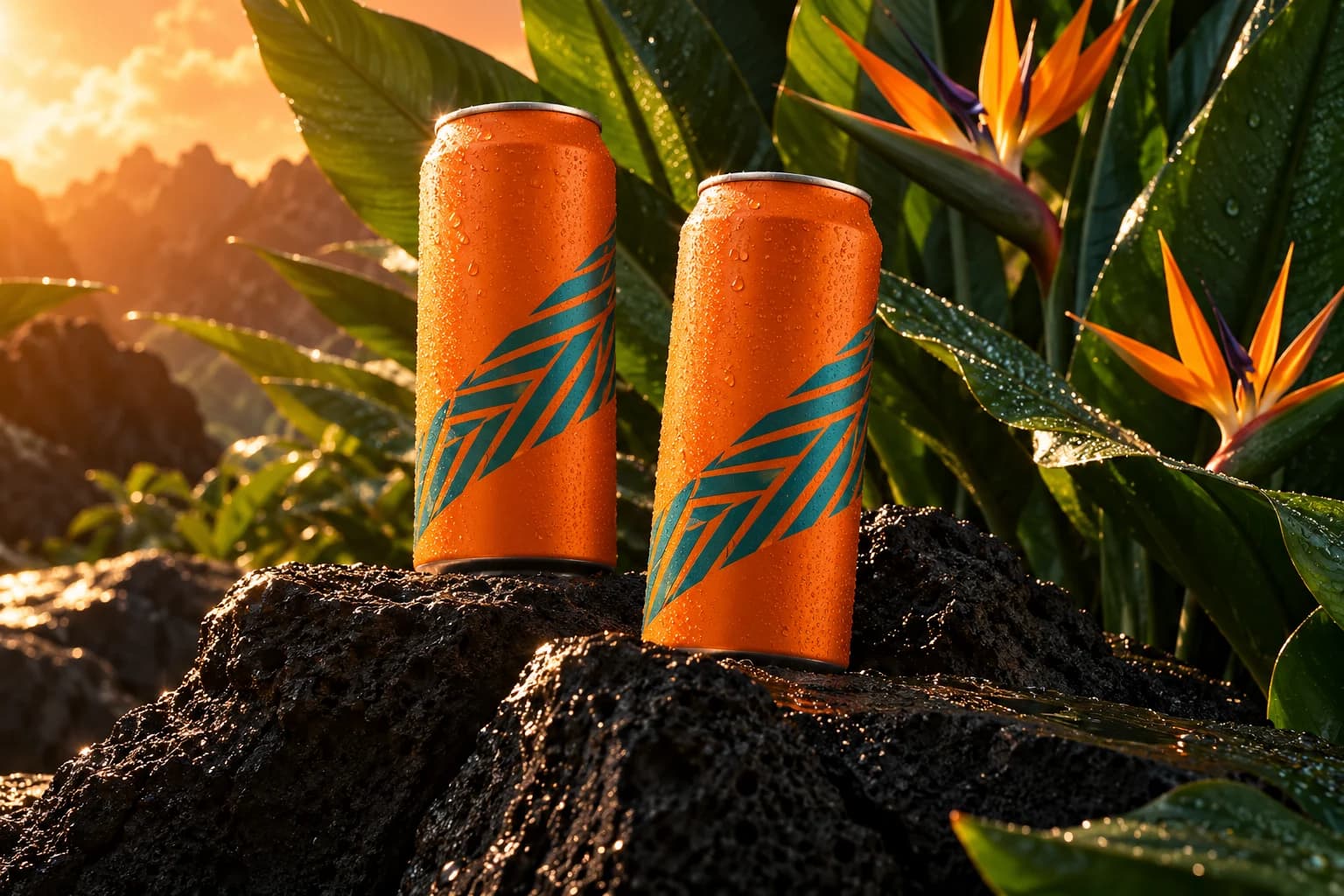 Tropical product concept with orange beverage cans and lush leaves